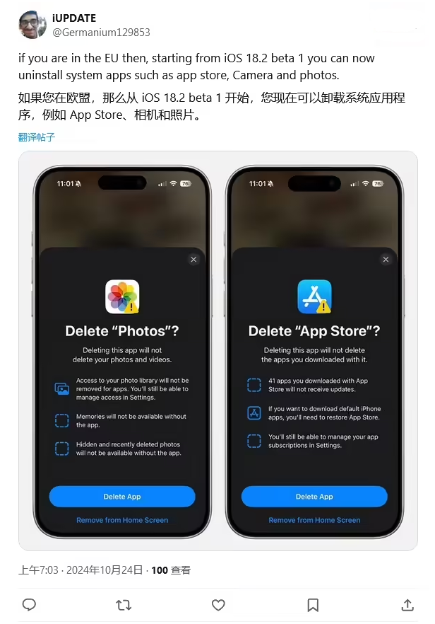 白河苹果手机维修分享iOS 18.2 支持删除 App Store 应用商店 