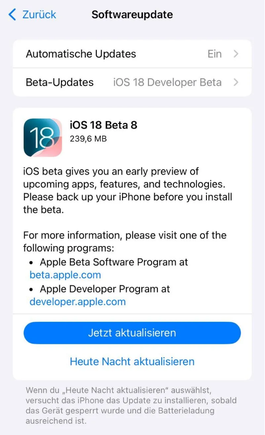 白河苹果手机维修分享苹果 iOS / iPadOS 18 开发者预览版 Beta 8 发布 